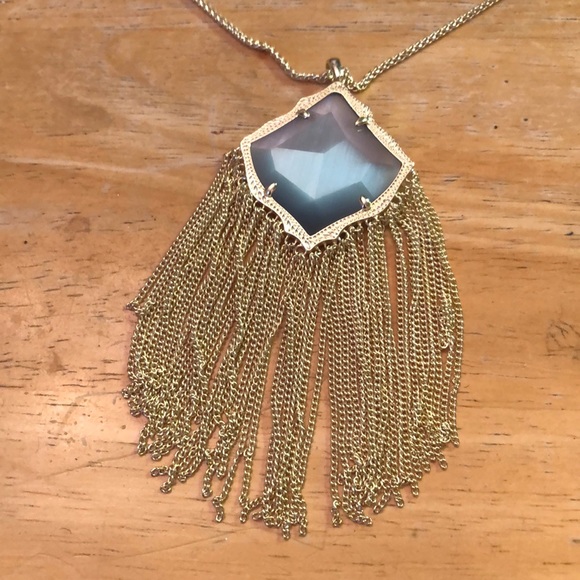 Kendra Scott Kingston Gold Tone Long Pendant Necklace Slate Cats Eye NWT - Picture 4 of 12